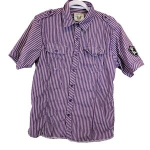 Seven Souls Mens Purple Striped Short Sleeve Button Down Shirt Large Epaulettes
